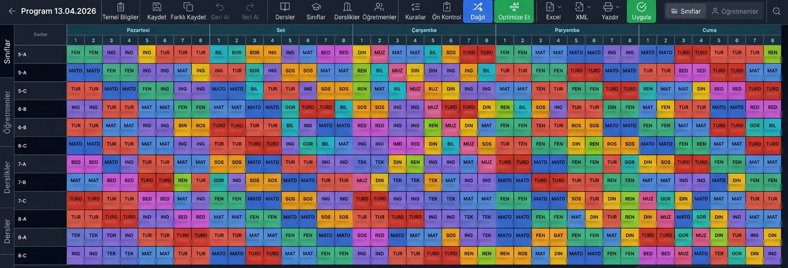 Tahtix panelinde ders programı düzenleme ekranı